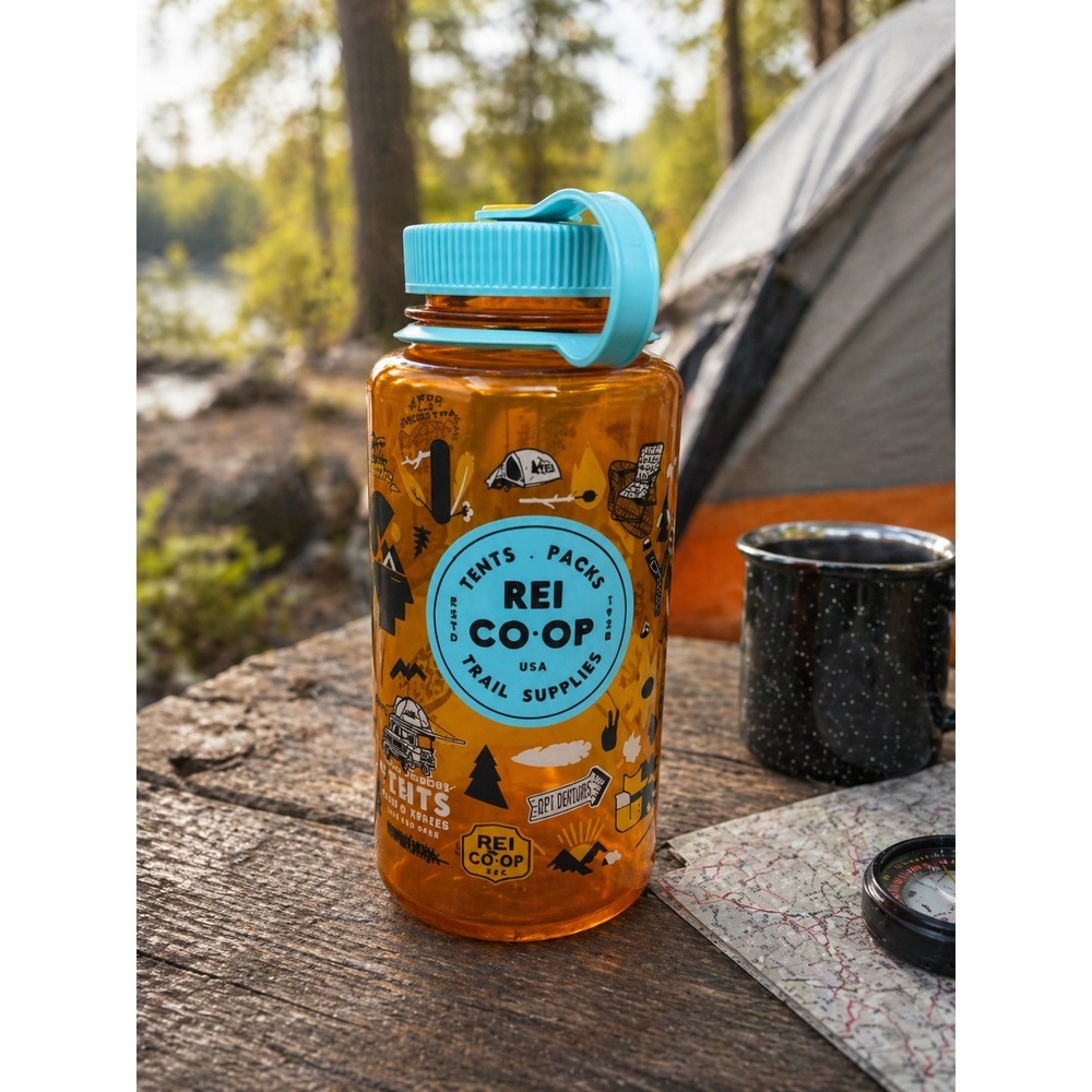 REI Co-op Nalgene Water Bottle 32oz Wide Mouth Amber Heritage Graphics